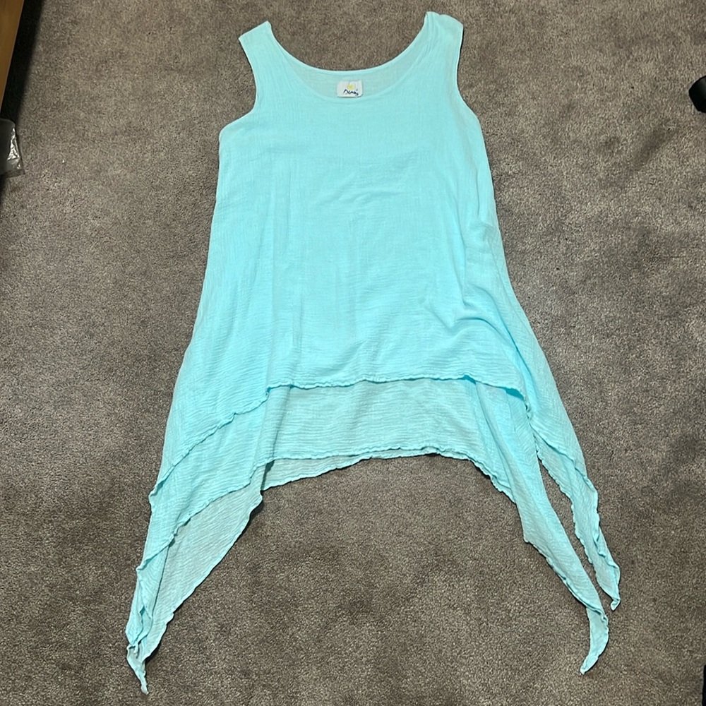 Sleeveless Aqua Handkerchief-Hem Tunic